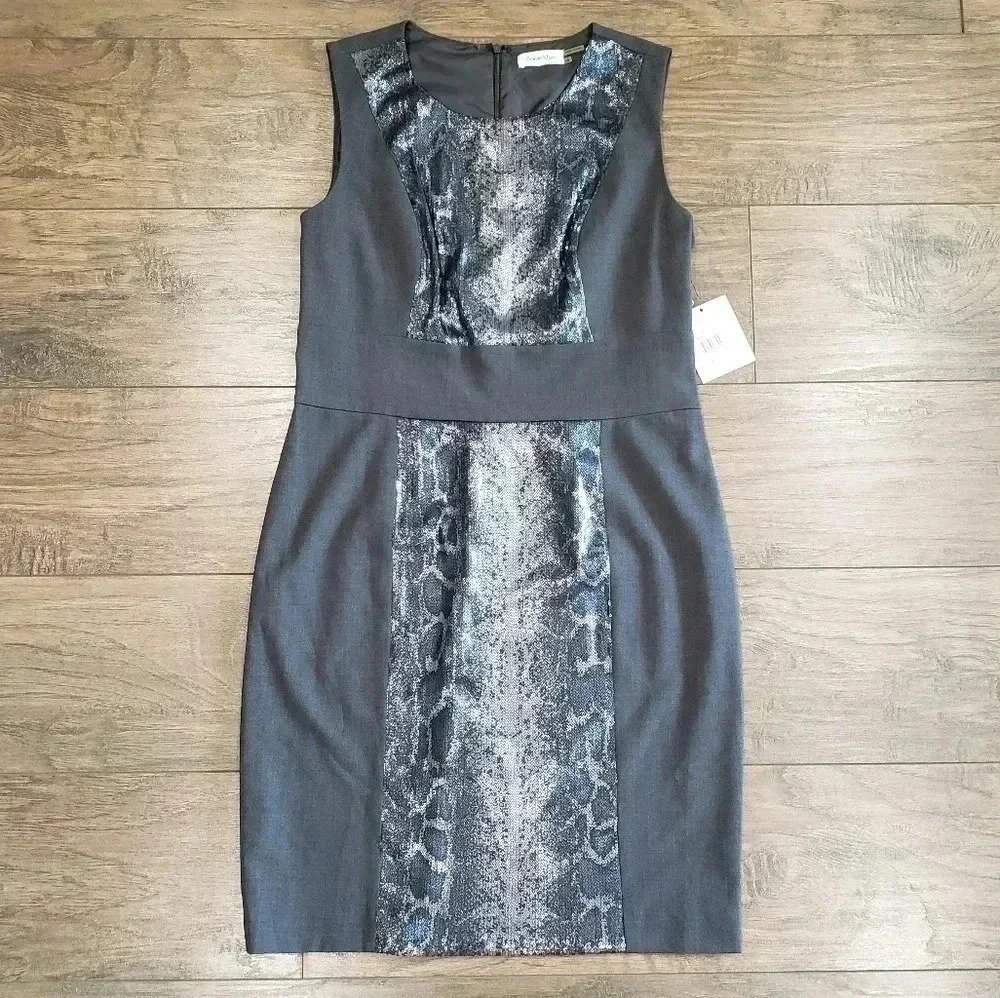 NWT Calvin Klein Sequin Snakeskin Gray Sleeveless Sheath Dress Size 10